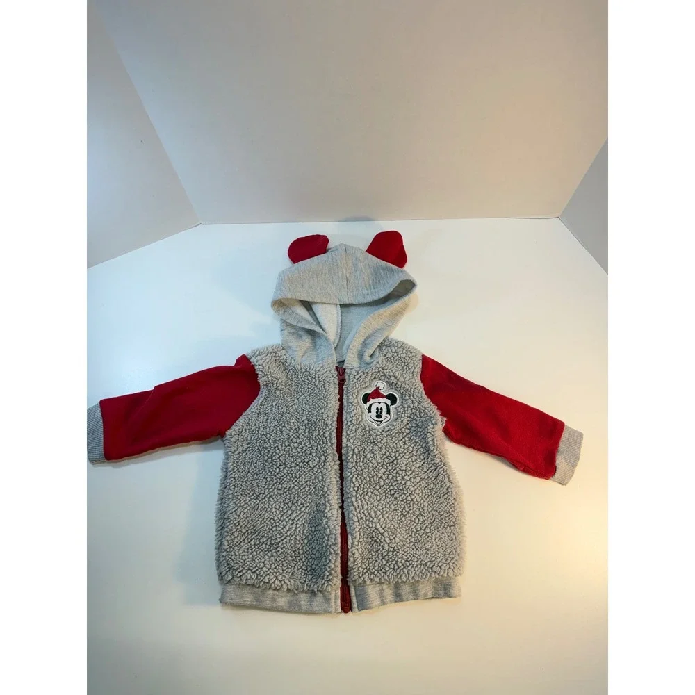 Disney Baby Hoodie Pants Set 6-9M Red Gray Mickey Mouse Christmas Sherpa READ